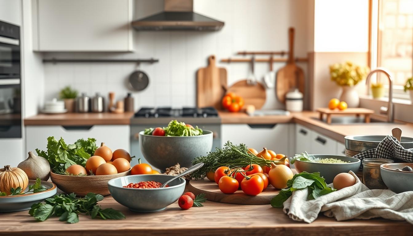 Fresh seasonal ingredients arranged for home cooking